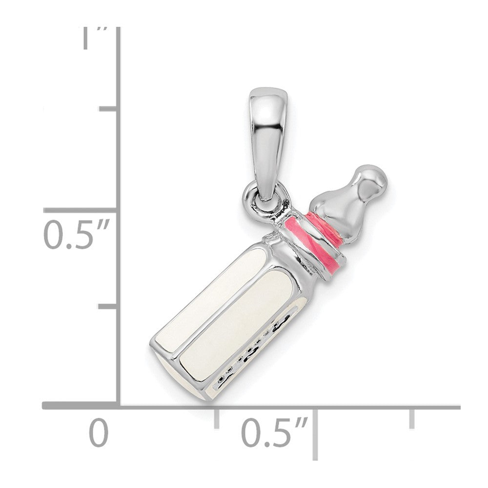 Sterling Silver Rhodium-plated Polished 3D Pink Baby Bottle Pendant