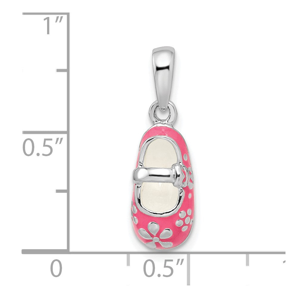 Sterling Silver Rhodium-plated 3D Pink Enameled Baby Shoe Pendant