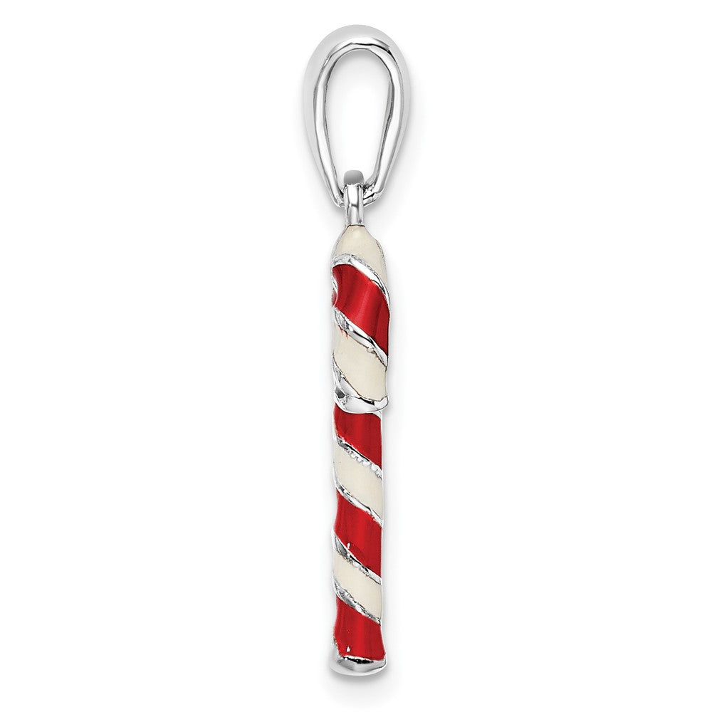 Sterling Silver Rhodium-plated 3D Enameled Candy Cane Pendant