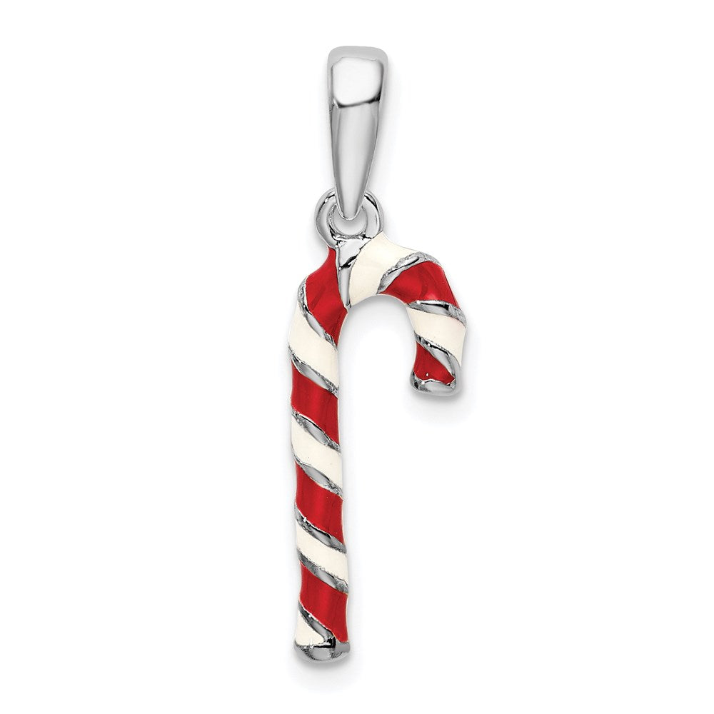 Sterling Silver Rhodium-plated 3D Enameled Candy Cane Pendant