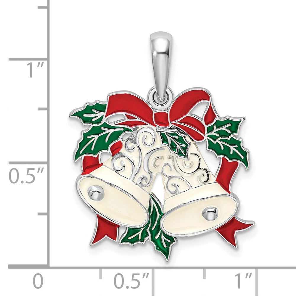Sterling Silver Rhodium-plated Polished Enameled Bells/Holly Pendant