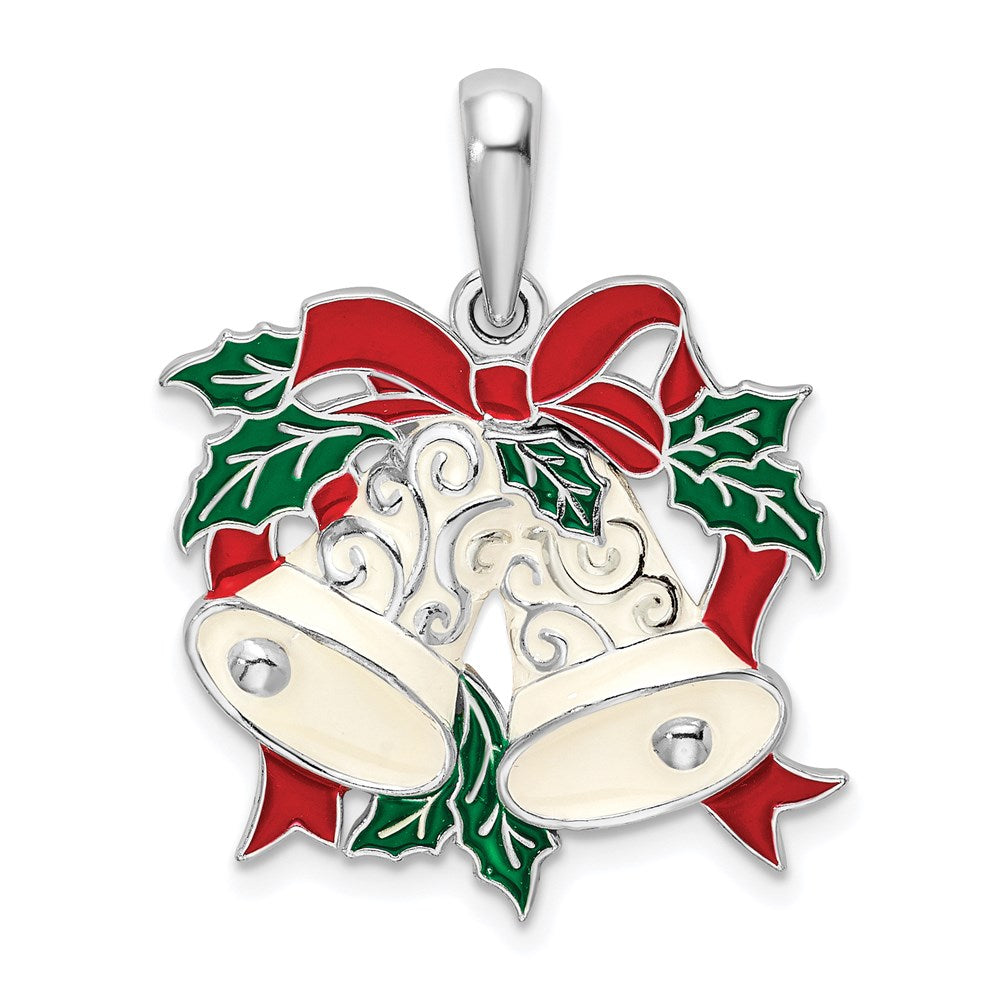 Sterling Silver Rhodium-plated Polished Enameled Bells/Holly Pendant