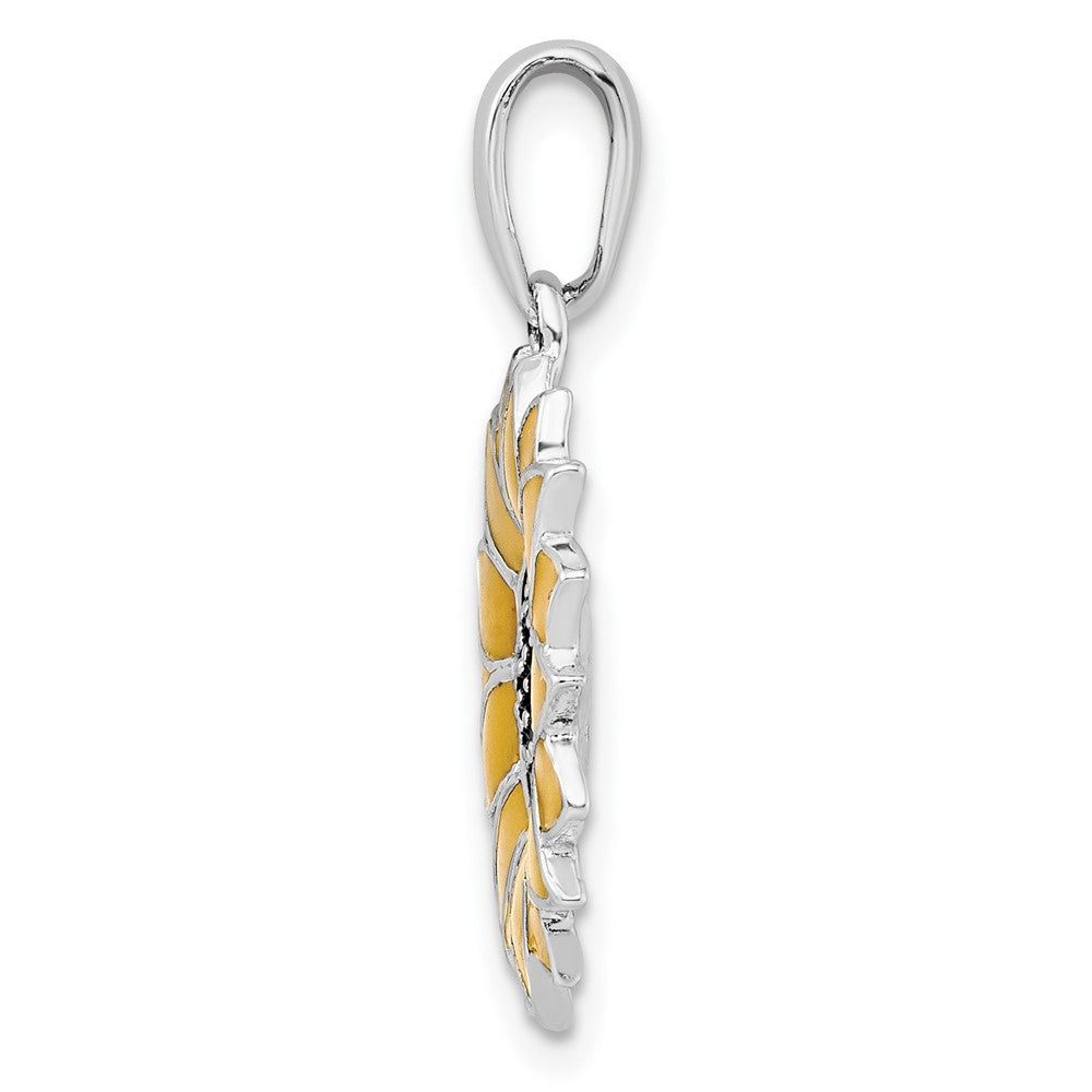 Sterling Silver Rhodium-plated Polished Enameled Sunflower Pendant