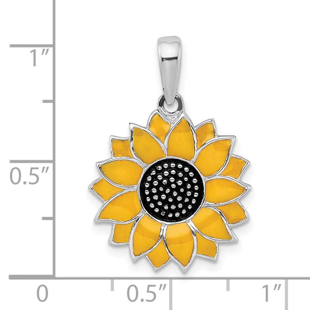 Sterling Silver Rhodium-plated Polished Enameled Sunflower Pendant
