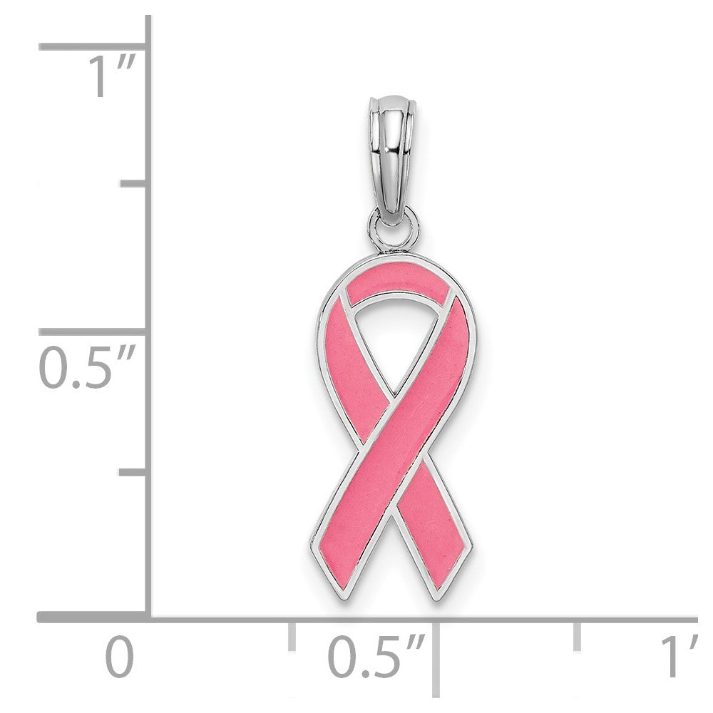 Sterling Silver Rhodium-plated Polished Enameled Pink Ribbon Pendant