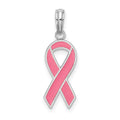 Sterling Silver Rhodium-plated Polished Enameled Pink Ribbon Pendant