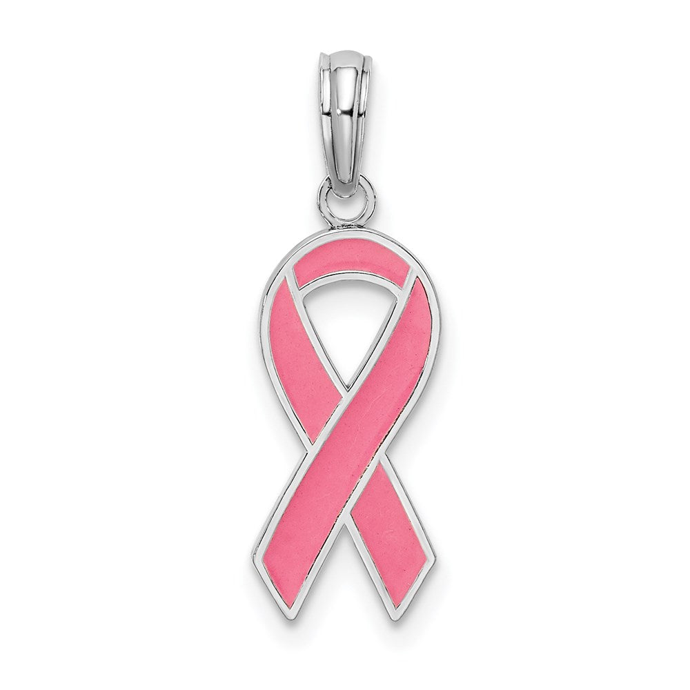 Sterling Silver Rhodium-plated Polished Enameled Pink Ribbon Pendant