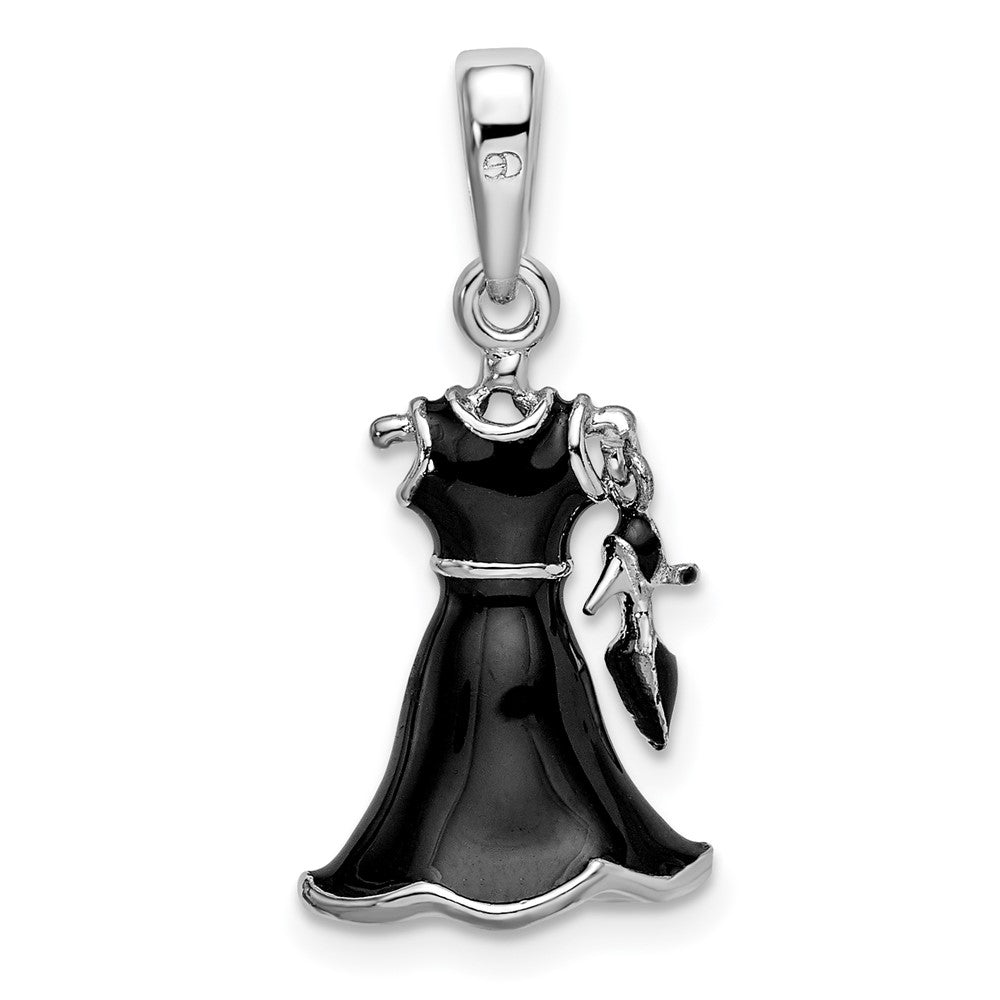 Sterling Silver Rhodium-plated 3D Enameled Black Dress and Shoe Pendant