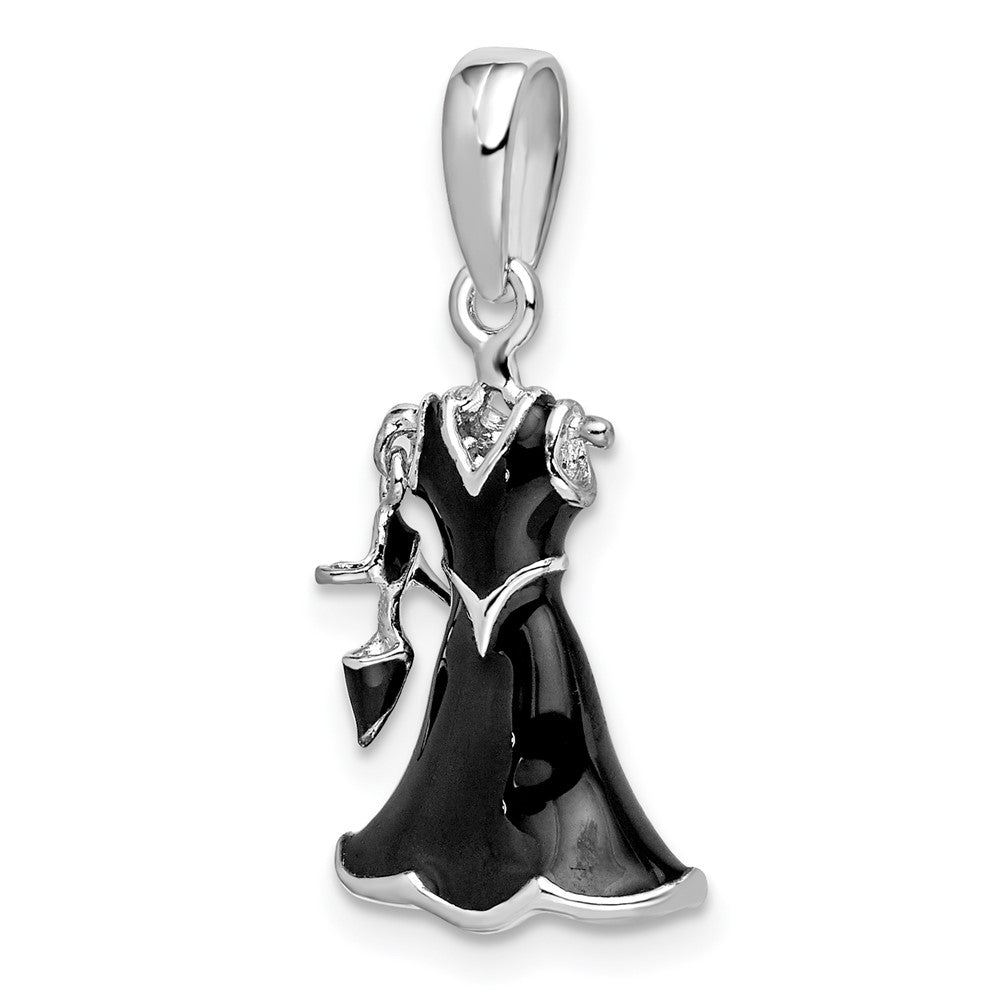 Sterling Silver Rhodium-plated 3D Enameled Black Dress and Shoe Pendant
