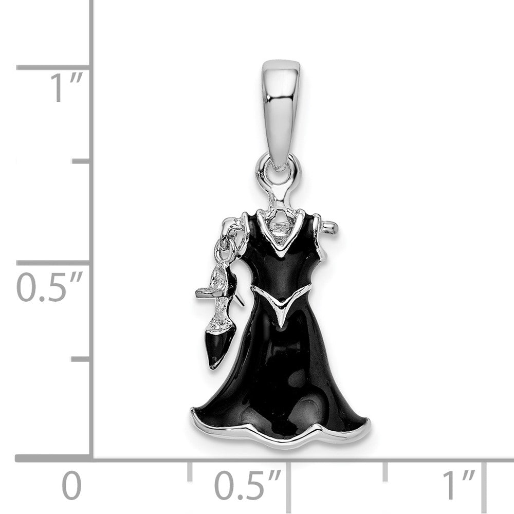 Sterling Silver Rhodium-plated 3D Enameled Black Dress and Shoe Pendant