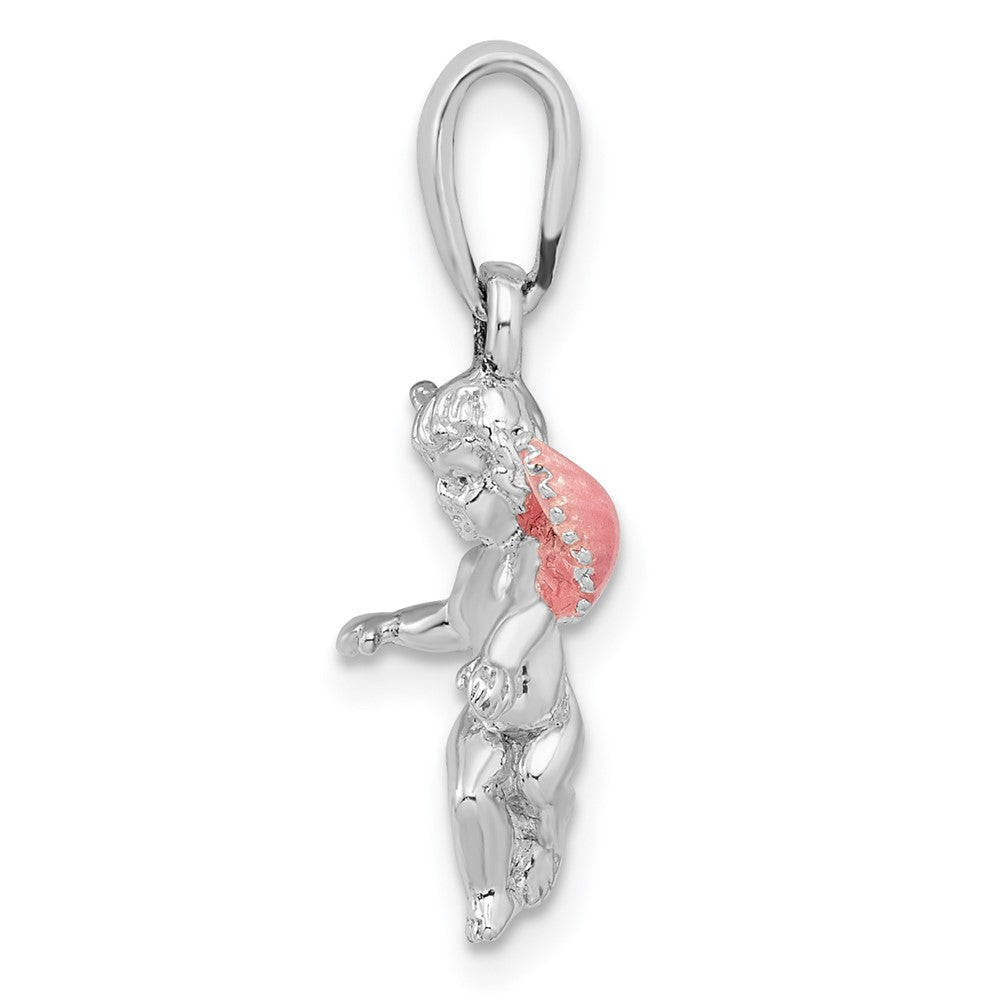 Sterling Silver Rhodium-plated Polished 3D Enameled Angel Pendant