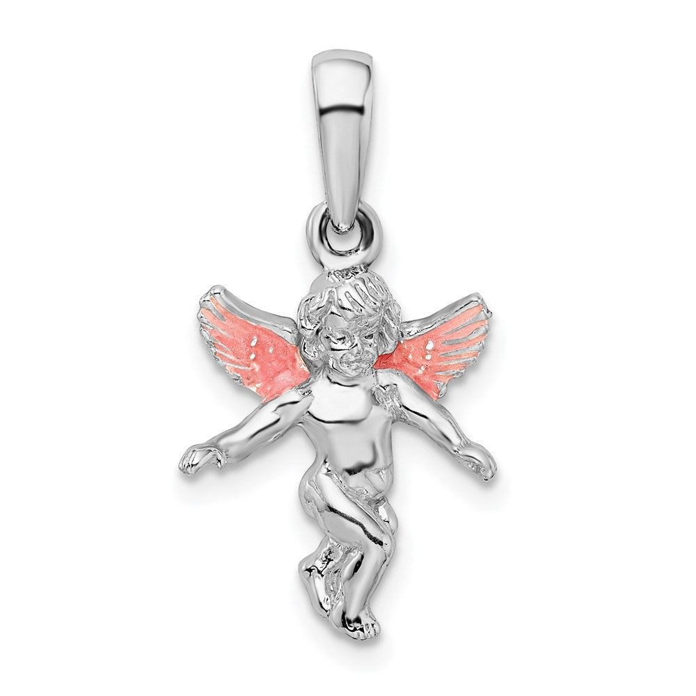 Sterling Silver Rhodium-plated Polished 3D Enameled Angel Pendant