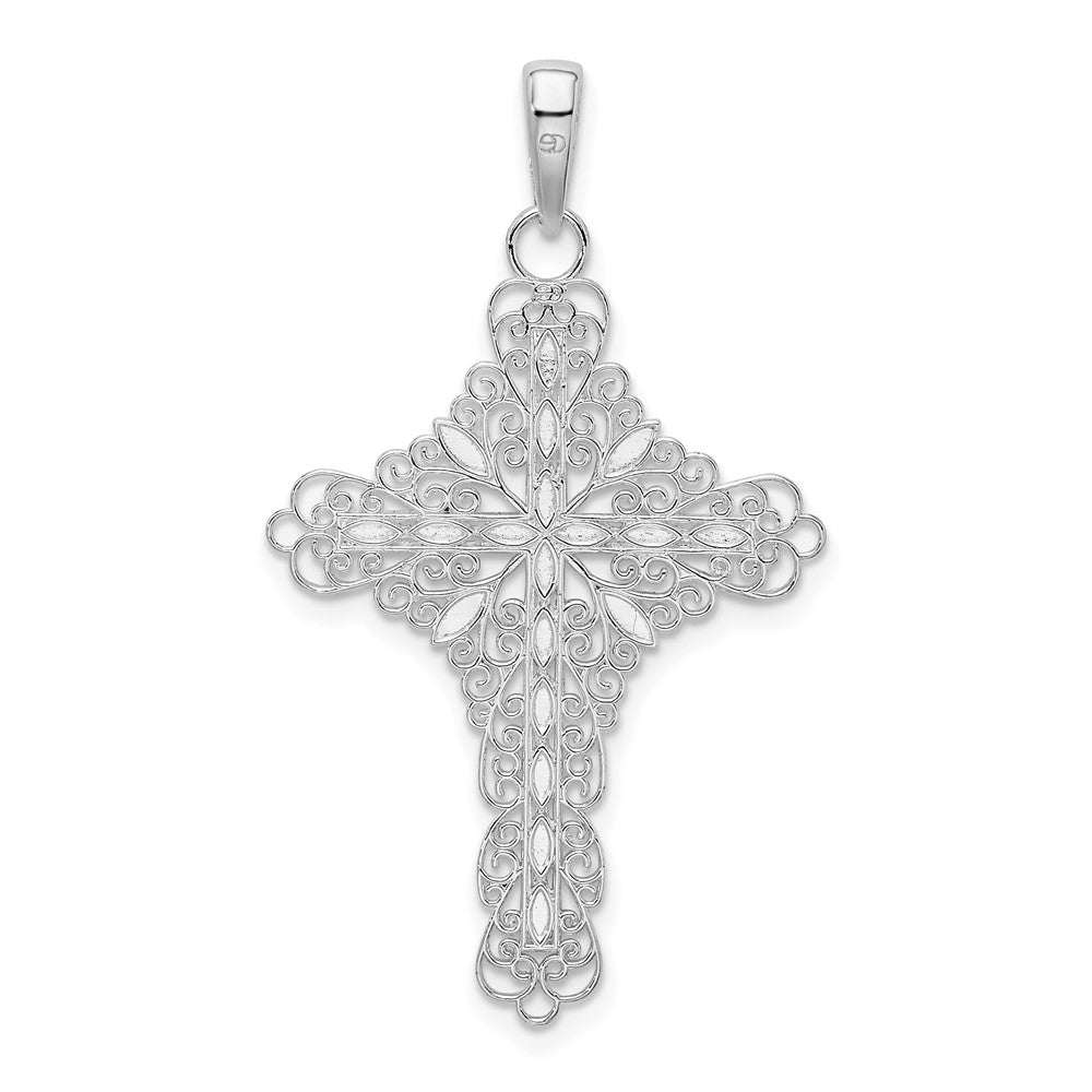 Sterling Silver Rhodium-plated Polished Enameled Filigree Cross Pendant
