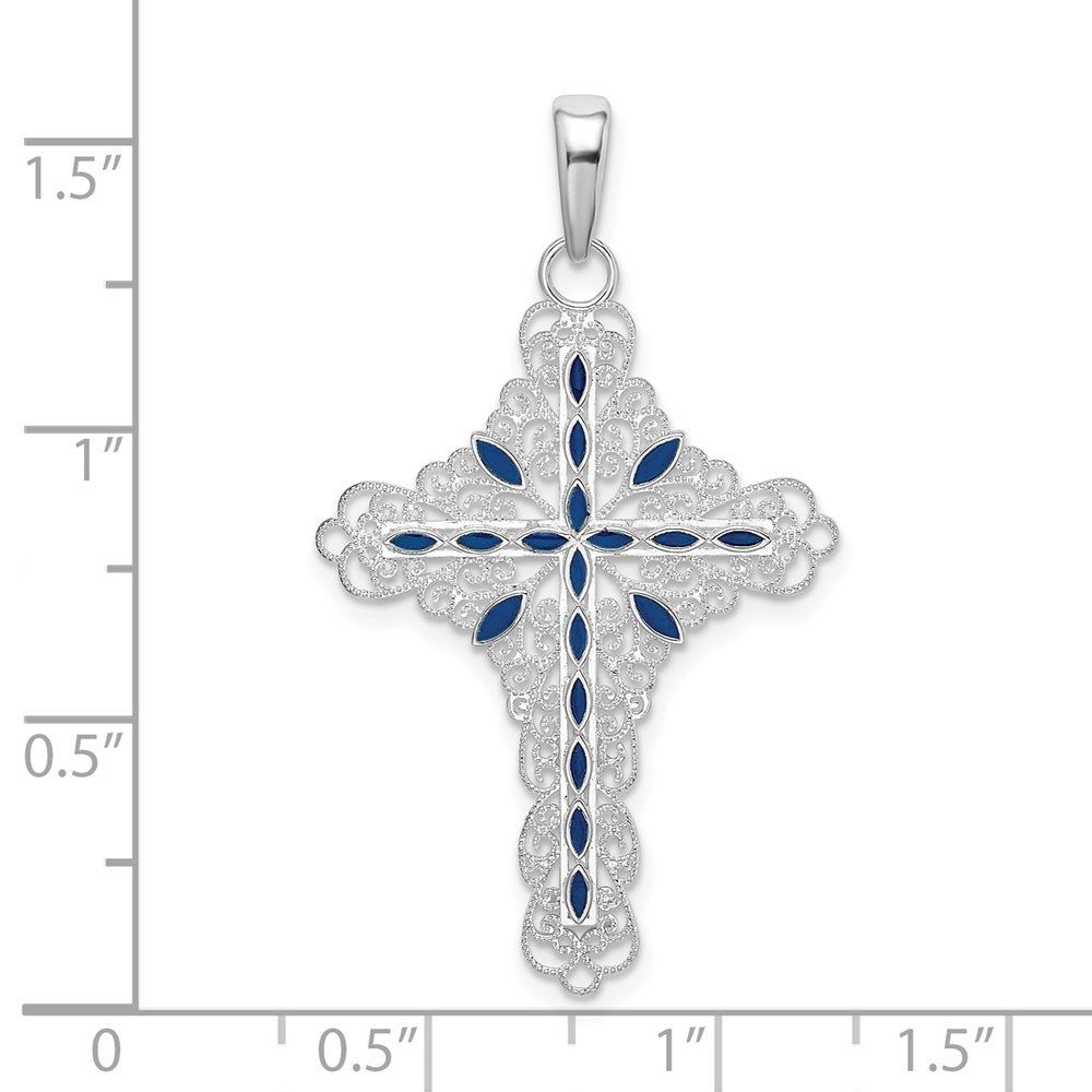Sterling Silver Rhodium-plated Polished Enameled Filigree Cross Pendant