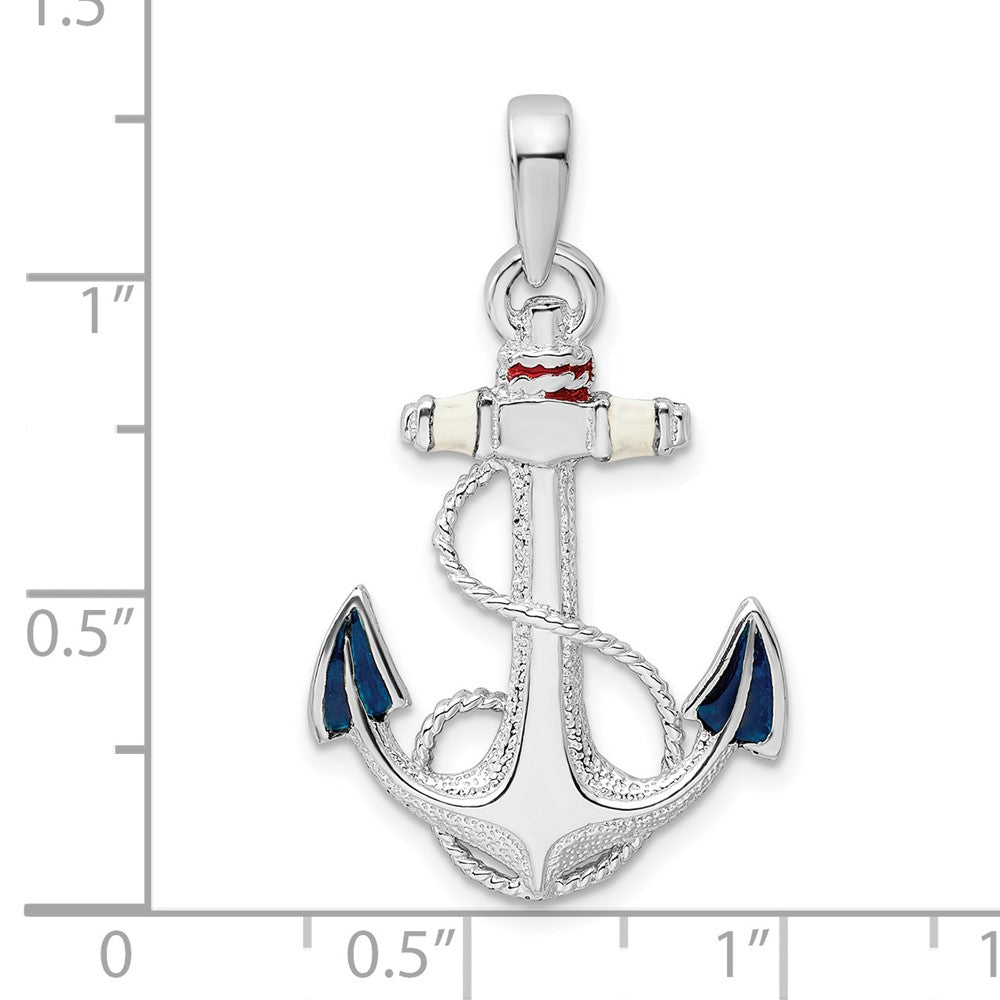 Sterling Silver Rhodium-plated Enameled Anchor w/Rope Pendant