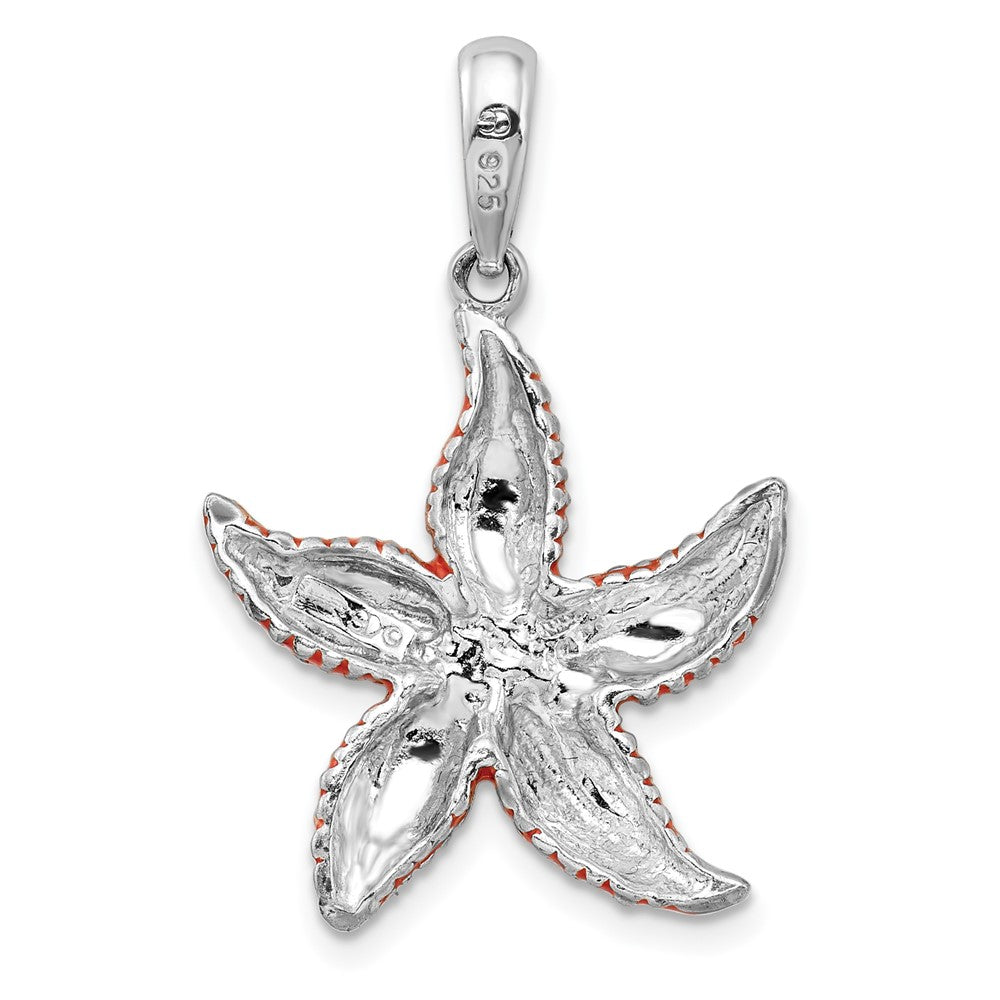 Sterling Silver Rhodium-plated Enameled Orange Starfish Pendant