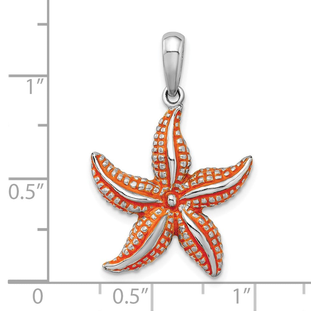 Sterling Silver Rhodium-plated Enameled Orange Starfish Pendant