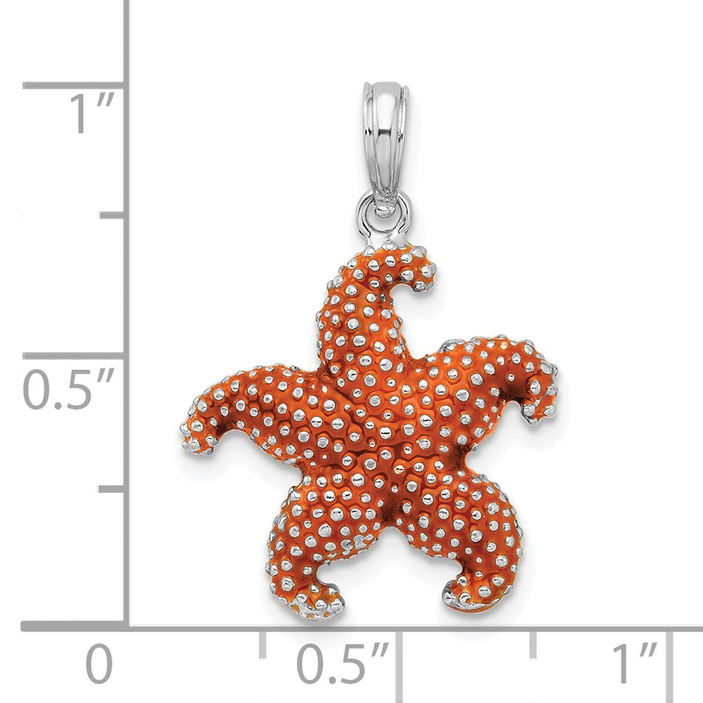 Sterling Silver Rhodium-plated Enameled Orange Starfish Pendant