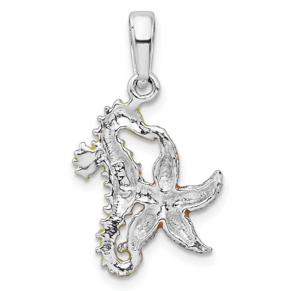 Sterling Silver Rhodium-plated Enameled Starfish/Seahorse Pendant