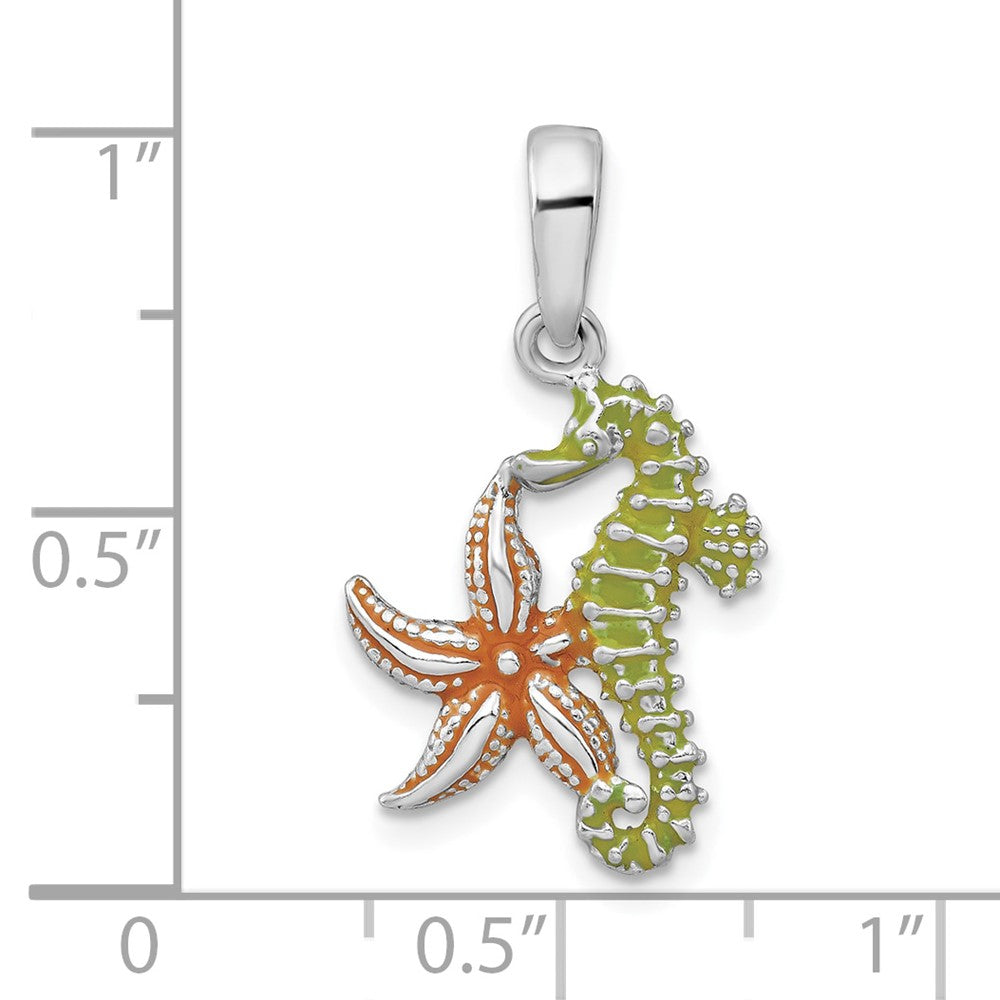 Sterling Silver Rhodium-plated Enameled Starfish/Seahorse Pendant