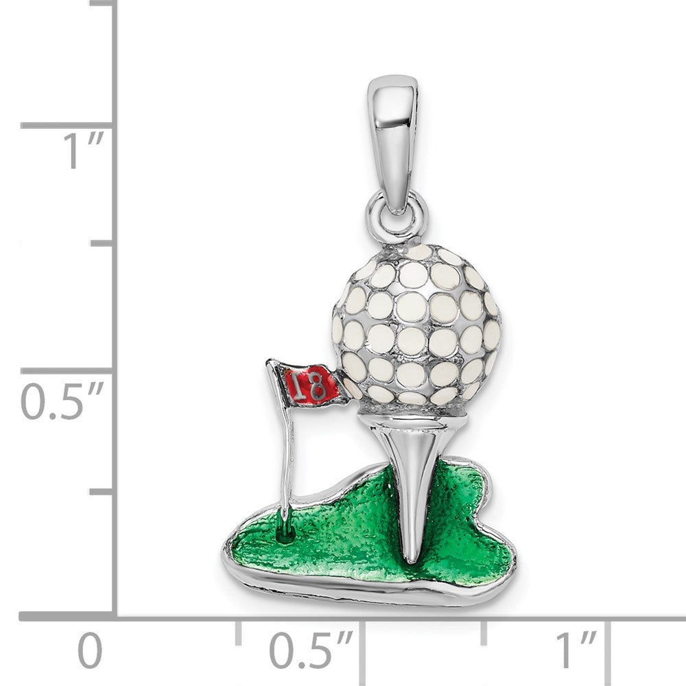 Sterling Silver Rhodium-plated Polished Enameled Golf Ball w/Tee Pendant