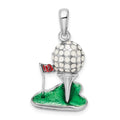 Sterling Silver Rhodium-plated Polished Enameled Golf Ball w/Tee Pendant