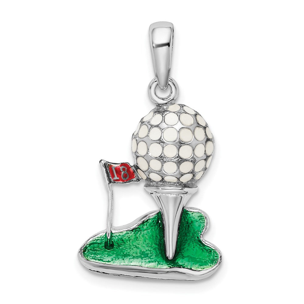 Sterling Silver Rhodium-plated Polished Enameled Golf Ball w/Tee Pendant