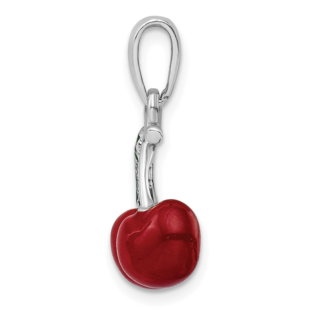 Sterling Silver Rhodium-plated Polished 3D Enameled Cherries Pendant