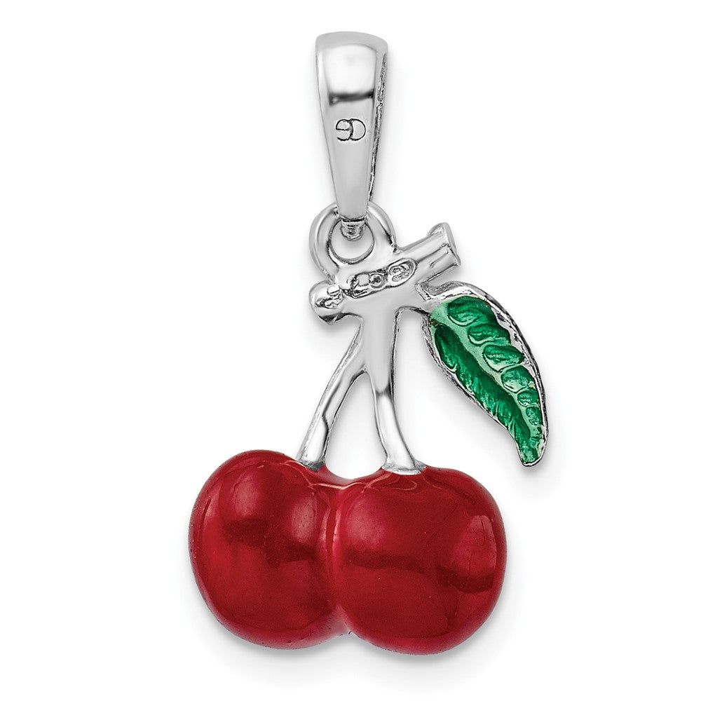 Sterling Silver Rhodium-plated Polished 3D Enameled Cherries Pendant