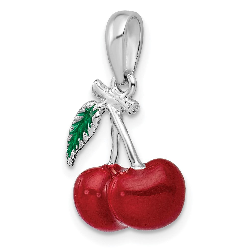 Sterling Silver Rhodium-plated Polished 3D Enameled Cherries Pendant