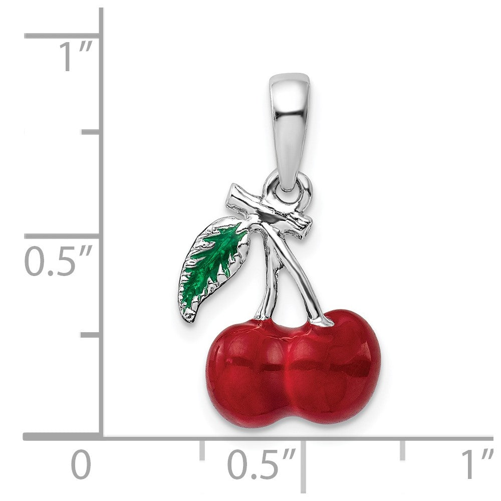 Sterling Silver Rhodium-plated Polished 3D Enameled Cherries Pendant