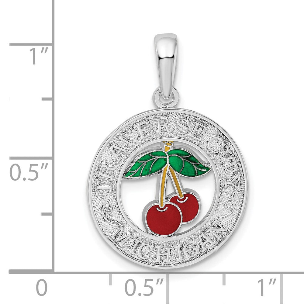 Sterling Silver Rhodium-plated Enamel Traverse CityMI w/Cherry Pendant