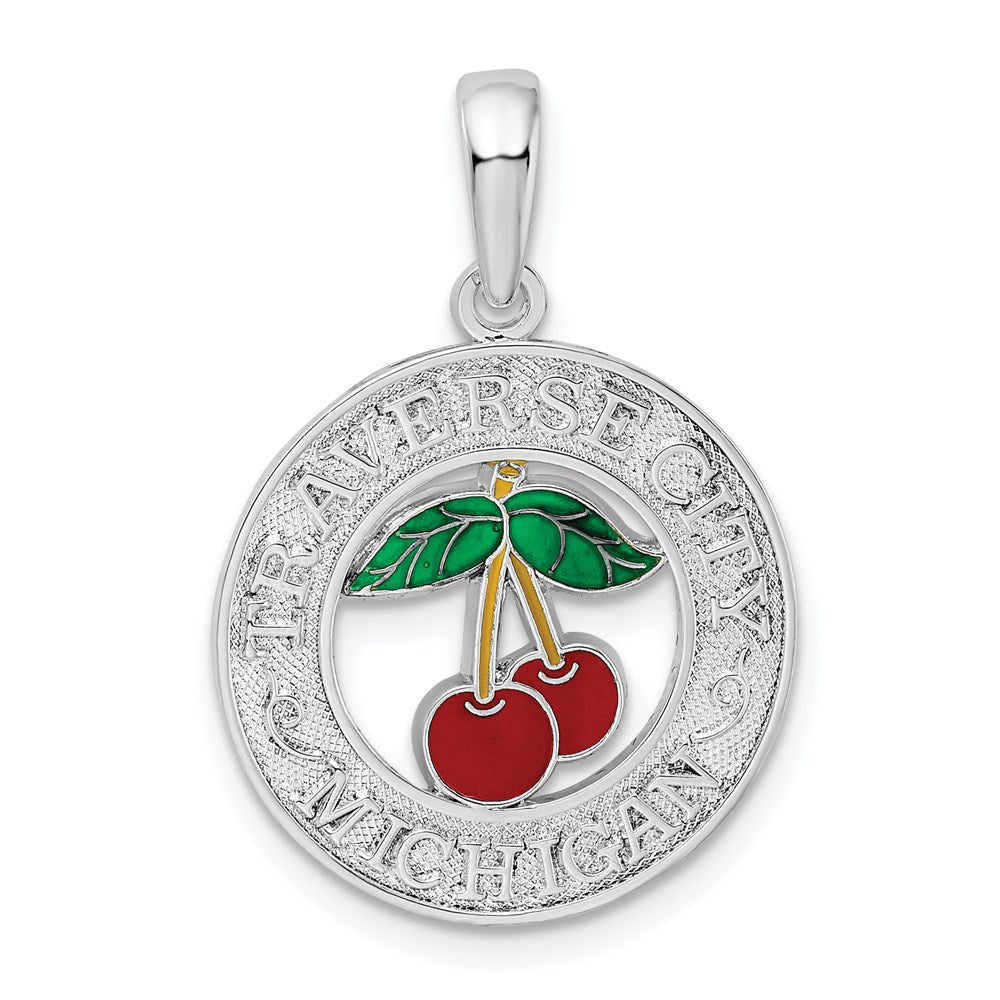 Sterling Silver Rhodium-plated Enamel Traverse CityMI w/Cherry Pendant