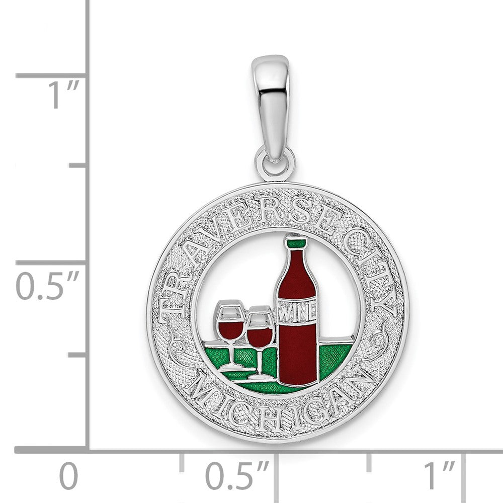 Sterling Silver Rhodium-plated Enamel Traverse CityMI w/Wine Pendant