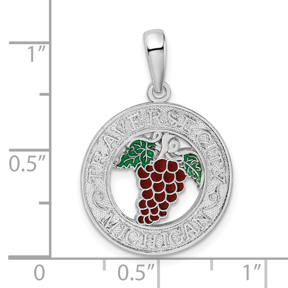 Sterling Silver Rhodium-plated Enamel Traverse CityMi w/Grapes Pendant