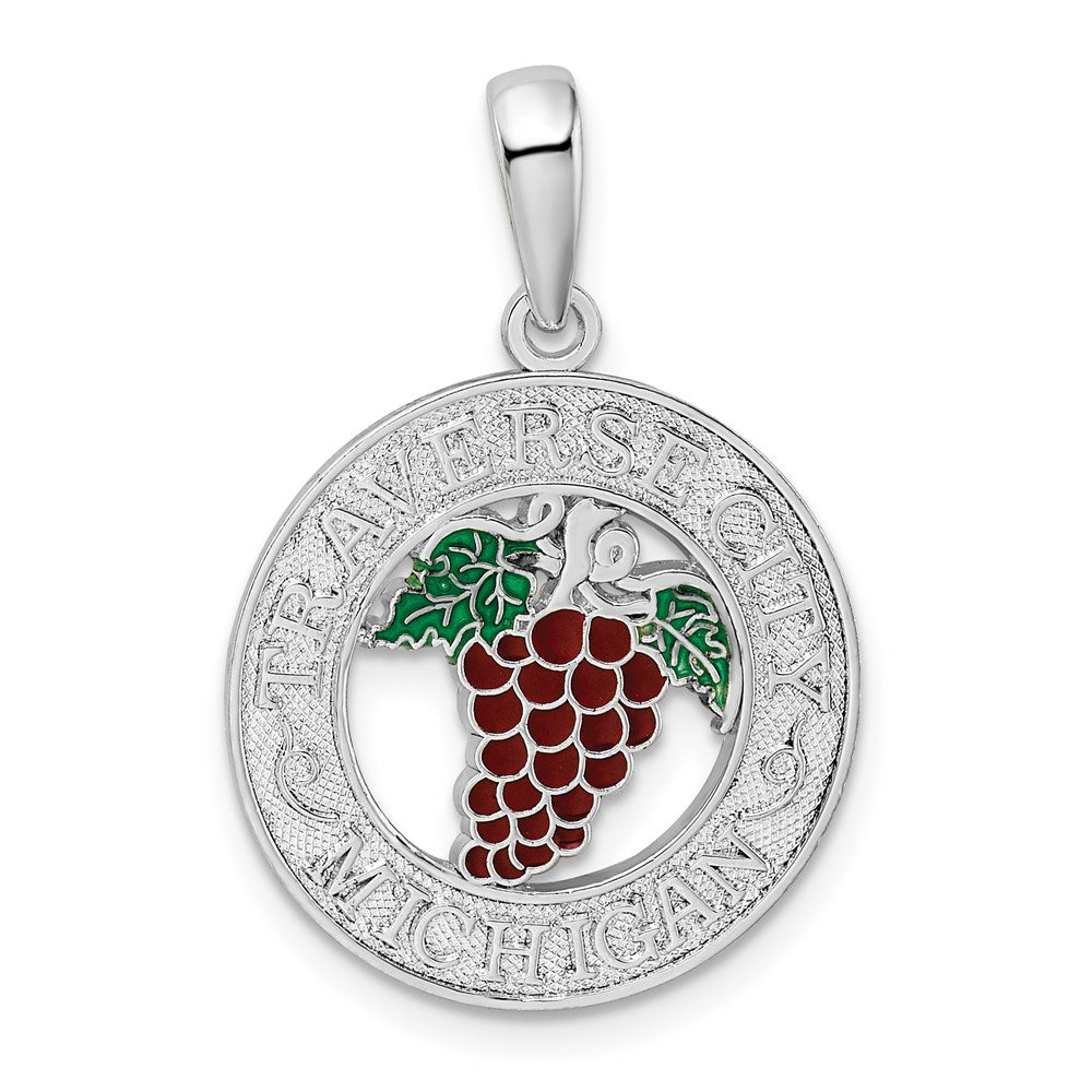 Sterling Silver Rhodium-plated Enamel Traverse CityMi w/Grapes Pendant