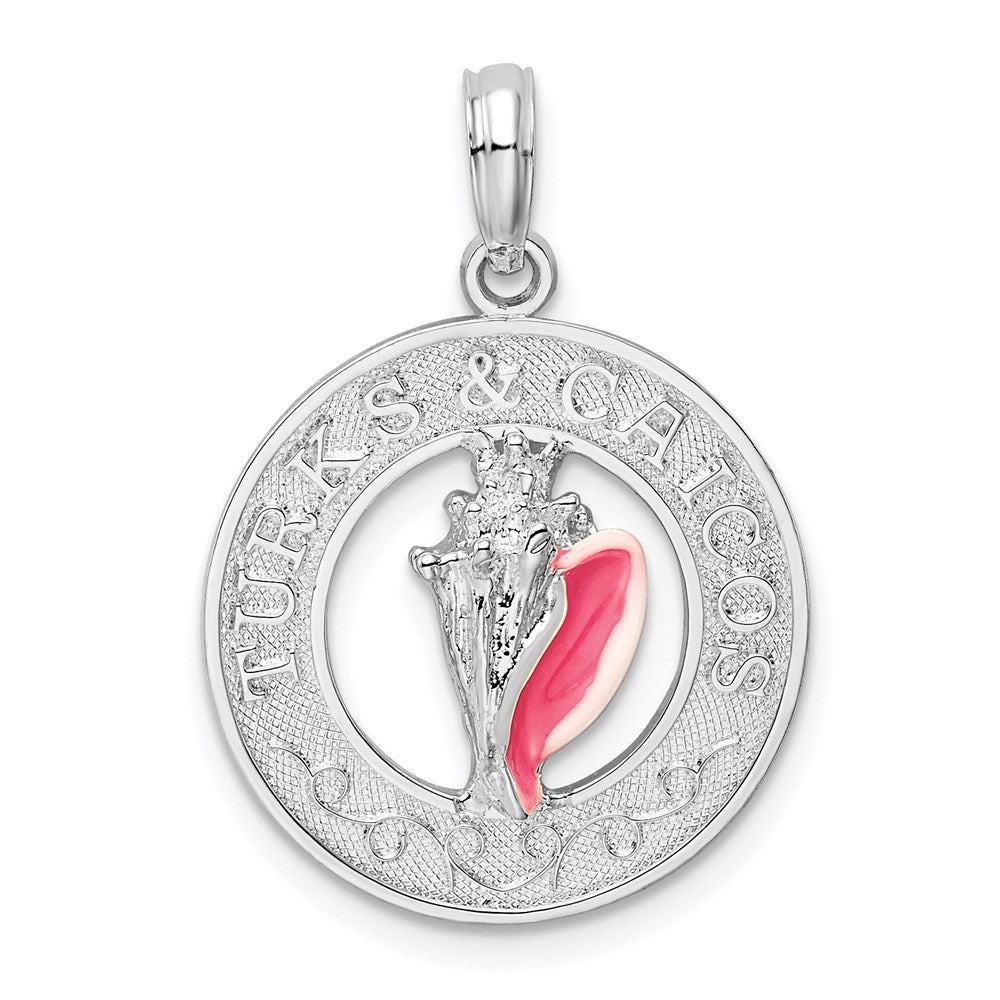Sterling Silver Rhodium-plated Enameled Turks Caicos w/Shell Pendant