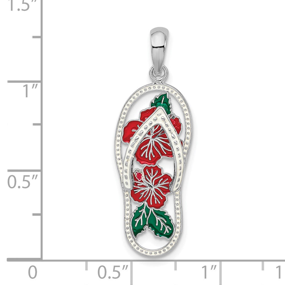 Sterling Silver Rhodium-plated Enamel Hibiscus Flower Flip-flop Pendant