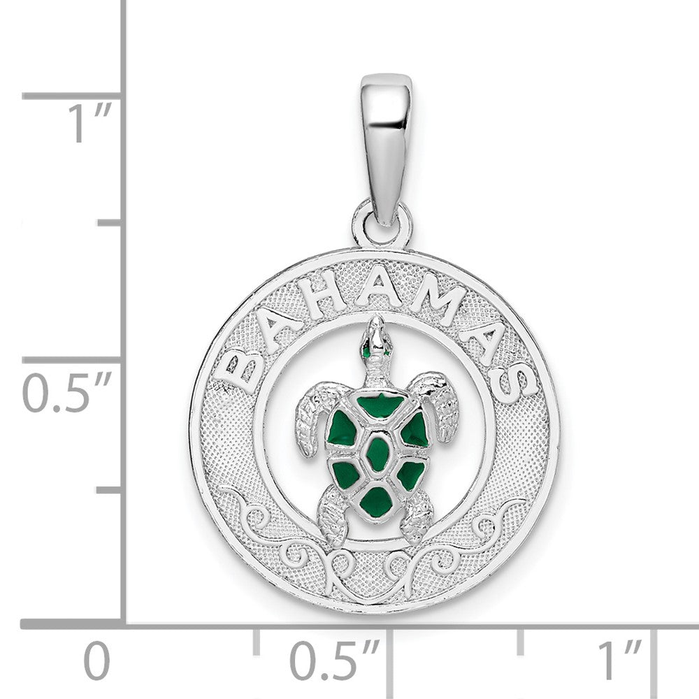 Sterling Silver Rhodium-plated Enamel Bahamas Circle w/Turtle Pendant