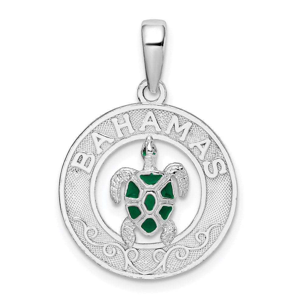 Sterling Silver Rhodium-plated Enamel Bahamas Circle w/Turtle Pendant