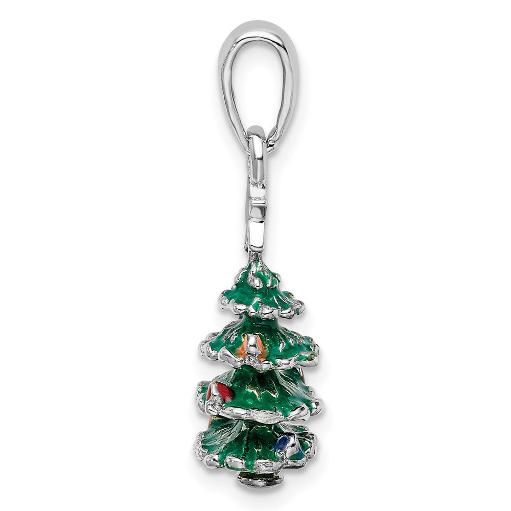 Sterling Silver Rhodium-plated 3D Enameled Christmas Tree Pendant