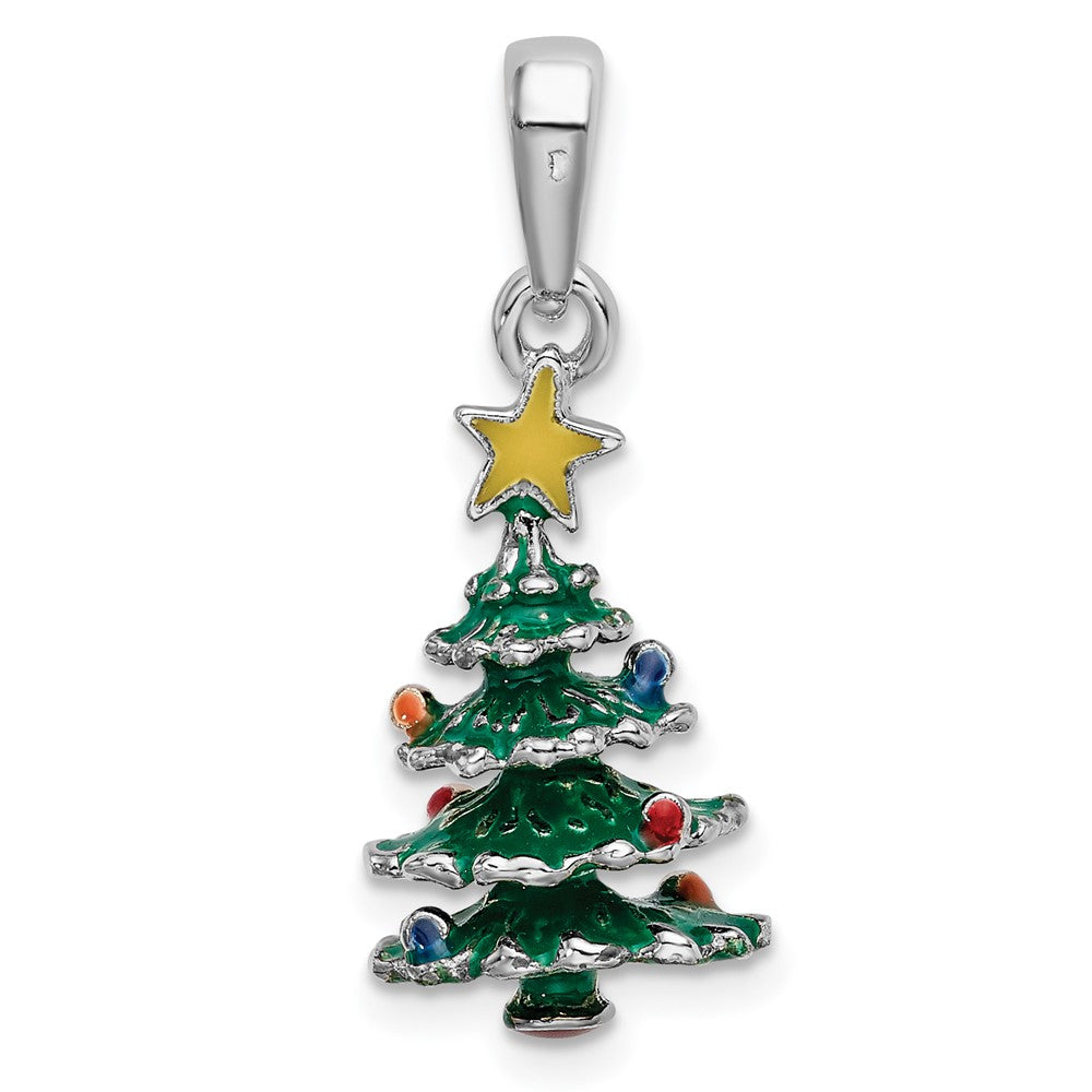 Sterling Silver Rhodium-plated 3D Enameled Christmas Tree Pendant
