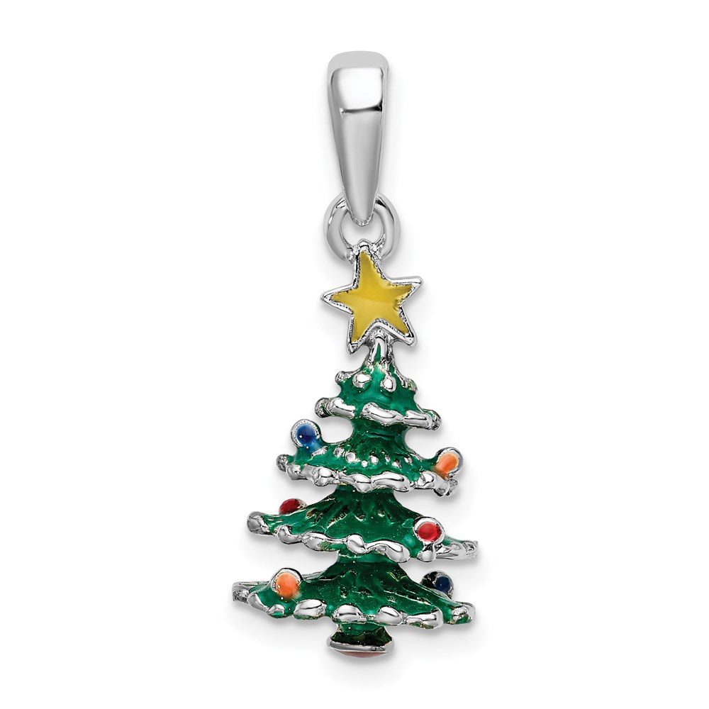 Sterling Silver Rhodium-plated 3D Enameled Christmas Tree Pendant