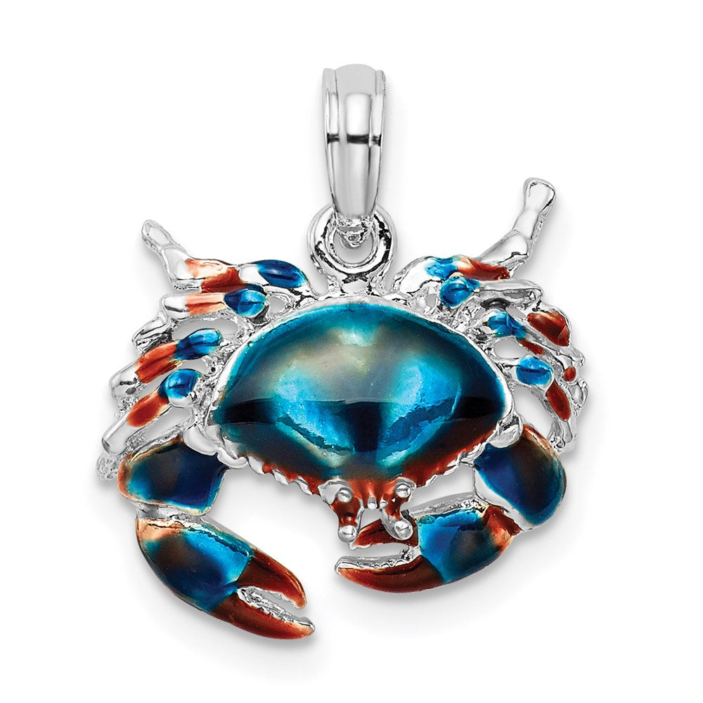 Sterling Silver Rhodium-plated Polished Enamel Blue Stone Crab Pendant