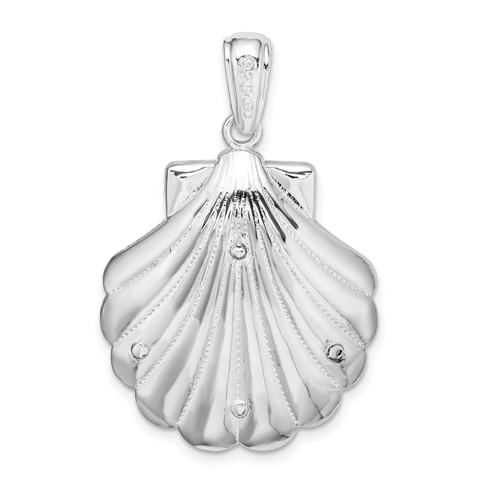Sterling Silver Rhodium-plated Enameled Blue Shell w/Dolphins Pendant