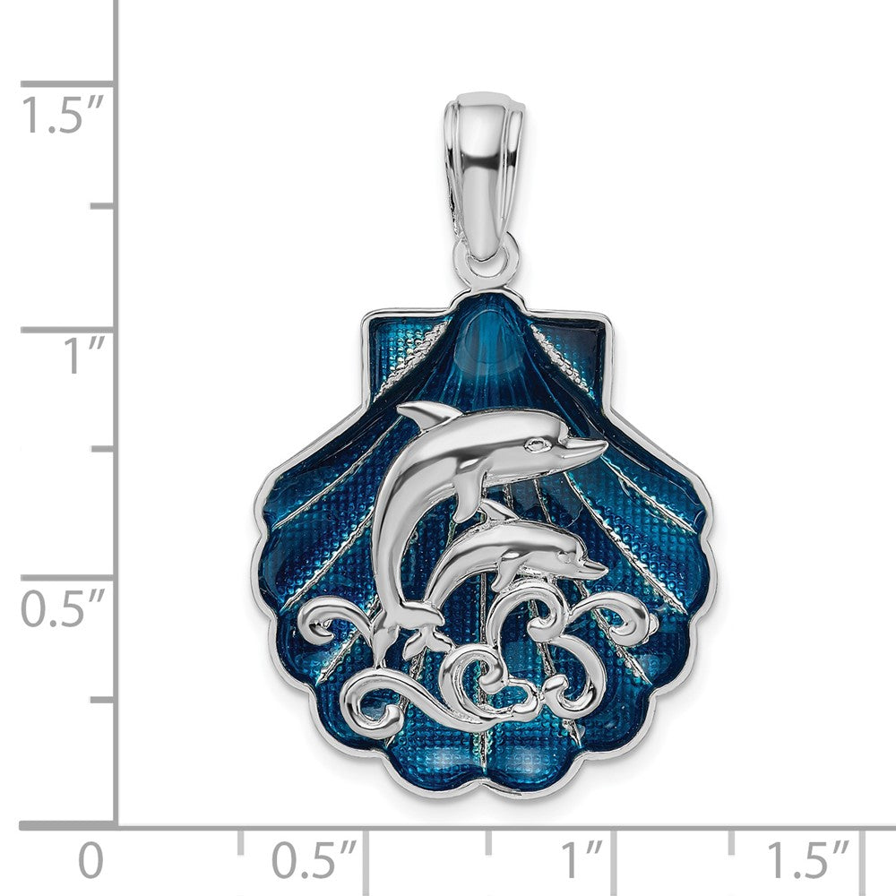 Sterling Silver Rhodium-plated Enameled Blue Shell w/Dolphins Pendant