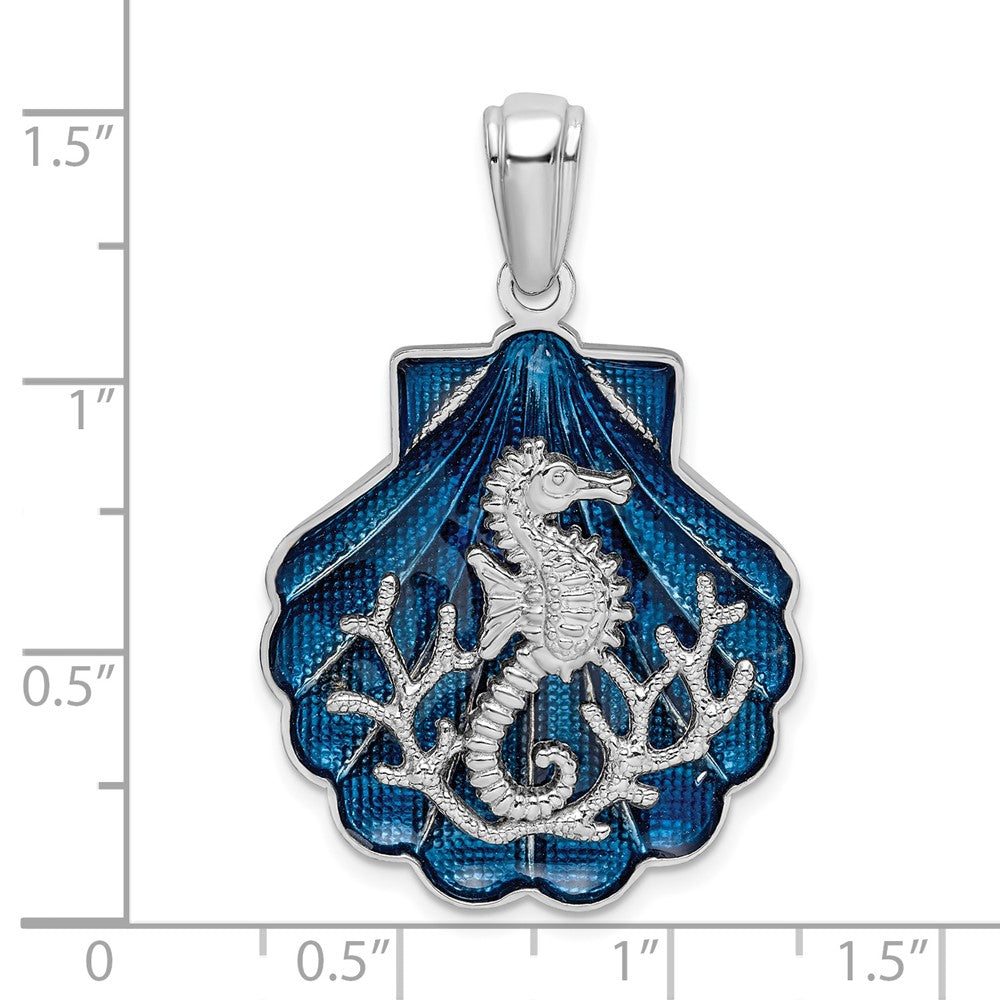 Sterling Silver Rhodium-plated Enameled Blue Shell w/Seahorse Pendant