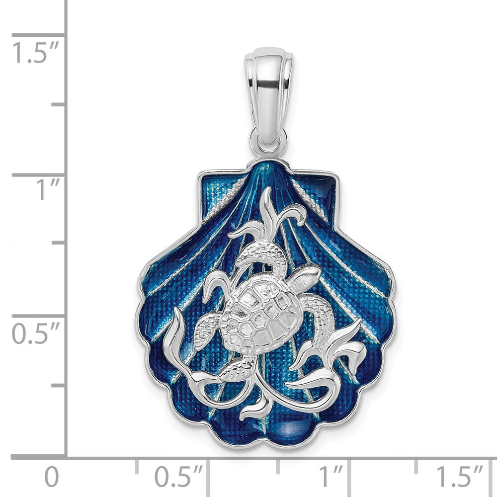 Sterling Silver Rhodium-plated Enameled Blue Shell w/Turtle Pendant