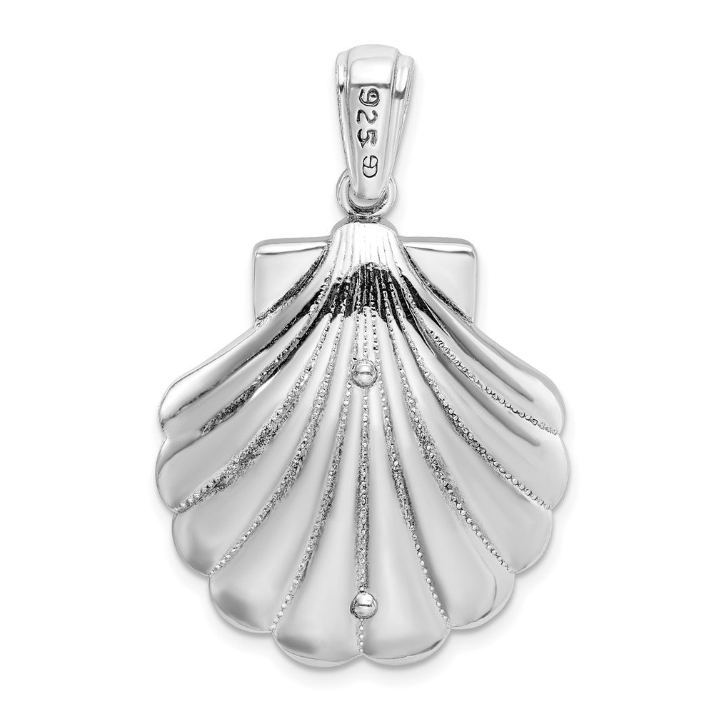 Sterling Silver Rhodium-plated Enamel Blue Shell w/Palm Trees Pendant