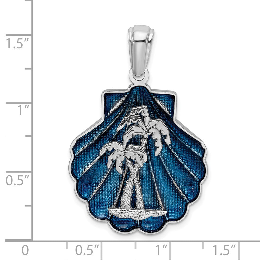 Sterling Silver Rhodium-plated Enamel Blue Shell w/Palm Trees Pendant